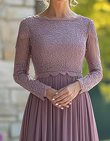 Svart slips Vintage Mauve Column Scoop Chiffon Lang Brudens mor kjole med blonder applikasjoner